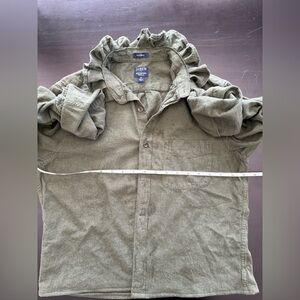 One of a kind Upcycled brushed twill shirt with ruffle collar